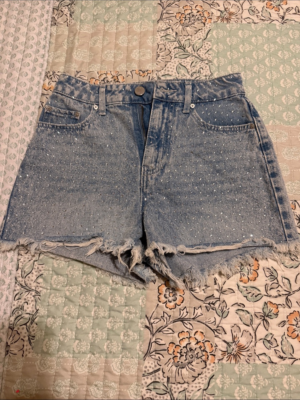 Women's Light Blue Distressed Denim Shorts with Rhinestones